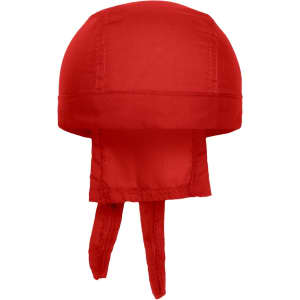 A red Bandana Hat made of fabric, featuring ties at the back and a rounded top. It has a logo.