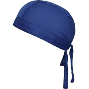 A navy blue bandana hat with a tied back design and a branding logo.