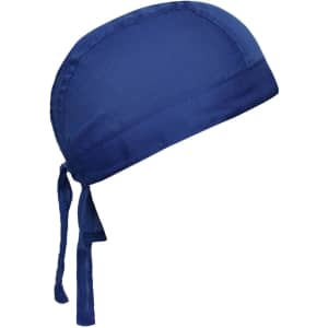 A navy blue bandana hat with a tied back design and a smooth finish, featuring a small logo.
