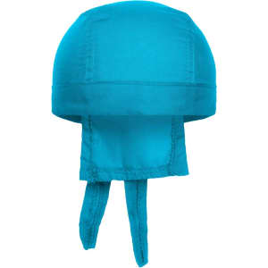 A turquoise bandana hat with a seamless design and tie straps at the back, featuring a logo.