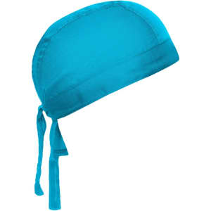 A turquoise bandana hat with a tie-back design, suitable for headwear purposes, featuring a simple branding logo.