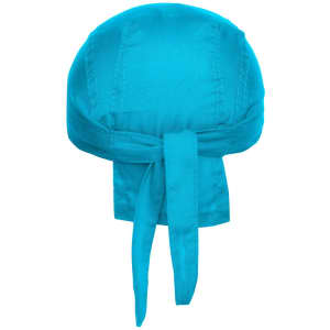 A bandana hat in bright turquoise, featuring ties at the back and a smooth fabric design. It has a logo on it.