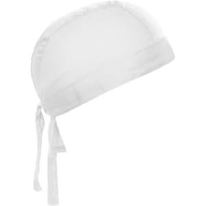 A white bandana hat featuring ties at the back and a simple design. It includes a logo.