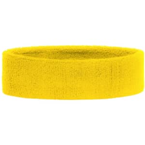 A bright yellow terry headband with a soft texture, featuring a logo. Ideal for headwear needs.