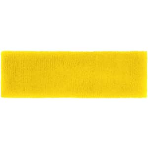 A bright yellow Terry headband, featuring a soft, textured fabric and a logo.