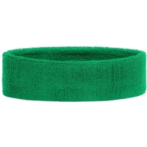 A green terry headband made of soft material. It has a simple design and a textured finish.