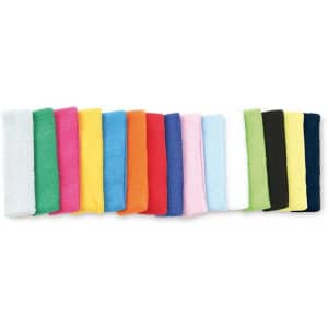 A selection of Terry Headbands in various colours, including pink, blue, green, yellow, and black. Each headband features a logo.