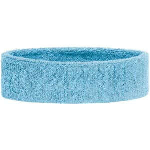A light blue Terry headband made from soft, absorbent material, featuring a simple design.