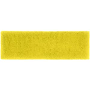 A bright yellow terry cloth headband with a soft texture, featuring a logo on one side.