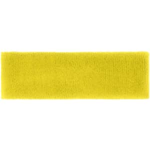 A bright yellow terry headband with a soft, textured fabric. It has a branded logo.