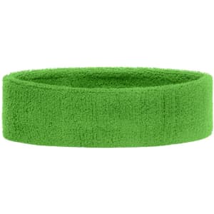 A green Terry Headband made of soft fabric, featuring a logo on one side. Suitable for headwear.