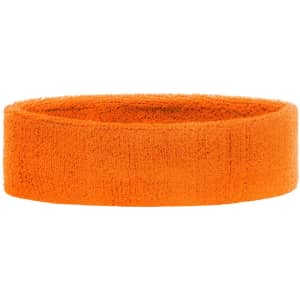 An orange terry headband made of soft fabric, featuring a logo. Ideal for headwear.