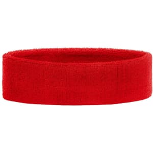 A red terry headband with a soft, absorbent texture and a simple design. It features a logo.