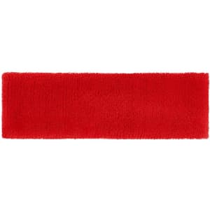 A red terry headband with a soft, textured finish. It features a logo.