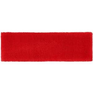A red Terry Headband made of soft, fuzzy material, featuring a logo.