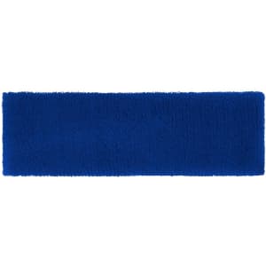 A blue Terry headband with a soft texture, featuring a simple design and a logo on one side.