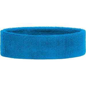 A blue Terry headband with a soft, textured fabric, designed for comfort and style. It features a branding logo.