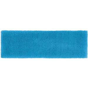 A blue terry headband made of soft, textured fabric, featuring a logo.