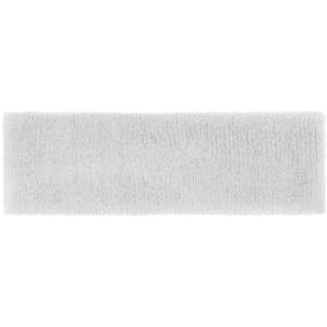 A white Terry headband with a soft, fuzzy texture, featuring a logo.