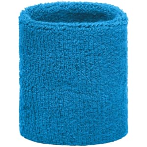 A blue Terry Wristband, made from soft terry cloth material, featuring a simple design and a logo on it.