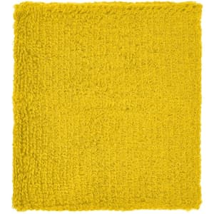 A bright yellow Terry wristband with a textured surface, featuring a logo on one side.
