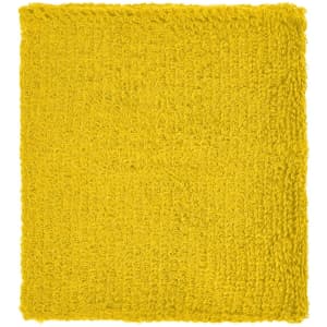 A yellow Terry Wristband with a textured surface, featuring a logo in the corner.