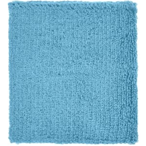 A soft, textured blue Terry wristband with a square shape, featuring a logo.