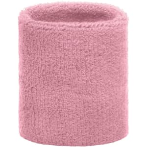 A pink Terry Wristband with a soft, textured fabric, suitable for headwear. Features a logo on the side.