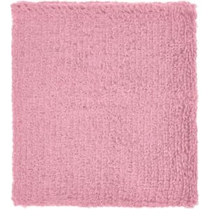 A pink Terry wristband with a textured, fluffy surface, featuring a logo on one side.