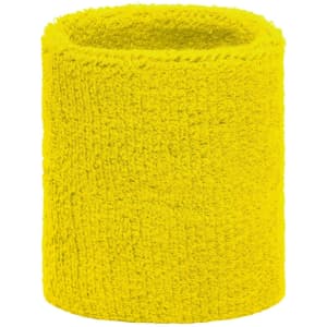 A yellow Terry Wristband, featuring a soft, textured surface and a simple design. It has a logo on it.