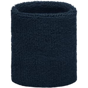 A navy Terry Wristband made of soft, textured fabric, featuring a logo on the side.