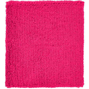A pink Terry Wristband with a textured surface, featuring a logo and designed as headwear.