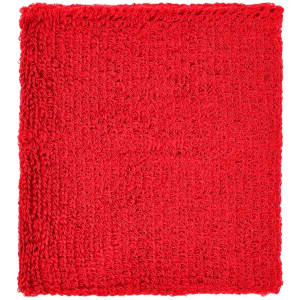 A red Terry Wristband made of soft, textured fabric, featuring a logo on one side.