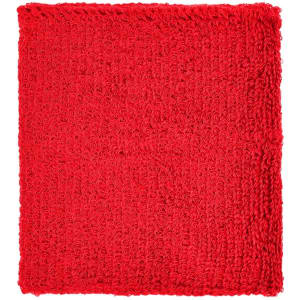 A red terry wristband with a textured surface, featuring a logo.