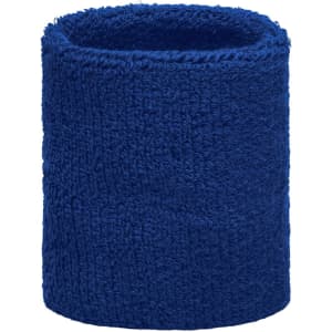A blue Terry Wristband with a soft, textured fabric. It has a logo featured on the design.