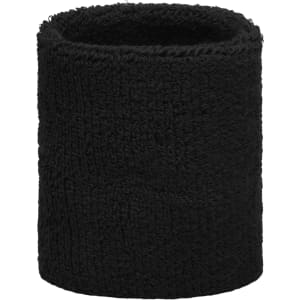 A black terry wristband with a soft, textured surface. It features a logo and is suitable for headwear.