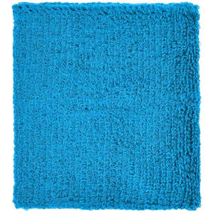 A textured turquoise Terry Wristband, showcasing a soft, looped fabric design. Features a logo.