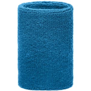 A blue wristband made of soft, textured fabric, featuring a logo at the top.