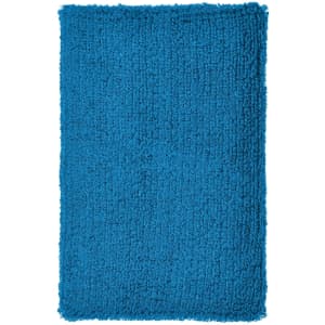 A fluffy blue wristband with a soft texture, featuring a logo. Positioned against a white background.