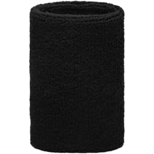 A black sporty wristband made of textured fabric, designed for events or exhibitions. It features a logo.
