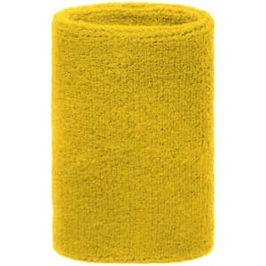A yellow wristband made of soft, textured material, featuring a logo or branding.