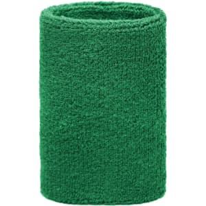 A green sporty wristband made of soft fabric, featuring a logo on its surface.