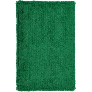 A green, textured wristband with a plush surface, featuring a logo. Suitable for events and exhibitions.