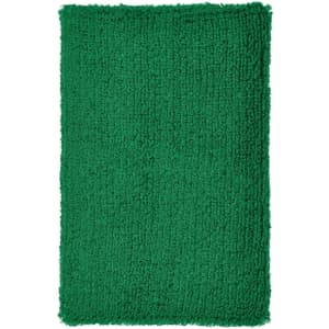 A textured green wristband made of soft material, featuring a logo or branding.