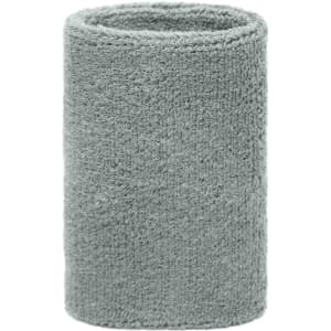 A grey terry cloth wristband with a textured surface, cylindrical in shape, featuring a logo.