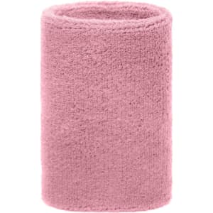 A pink sporty wristband made from soft, textured material, featuring a logo on one side.
