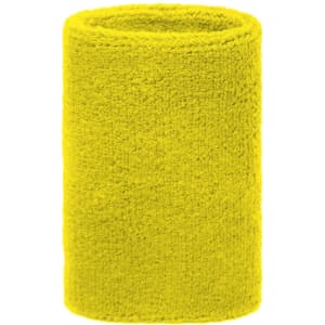 A bright yellow sporty wristband with a textured finish, featuring a logo.
