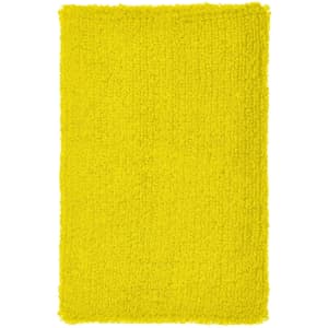 A fluffy, bright yellow wristband with a textured surface. It features a logo on one side.