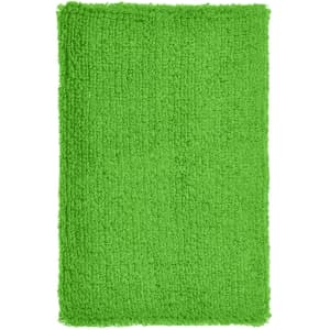 A vibrant green wristband made of textured material, featuring a logo on one side.