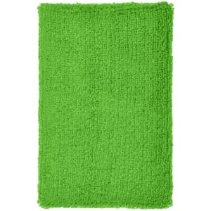 A fluffy green wristband with a textured surface, featuring a logo on one side.